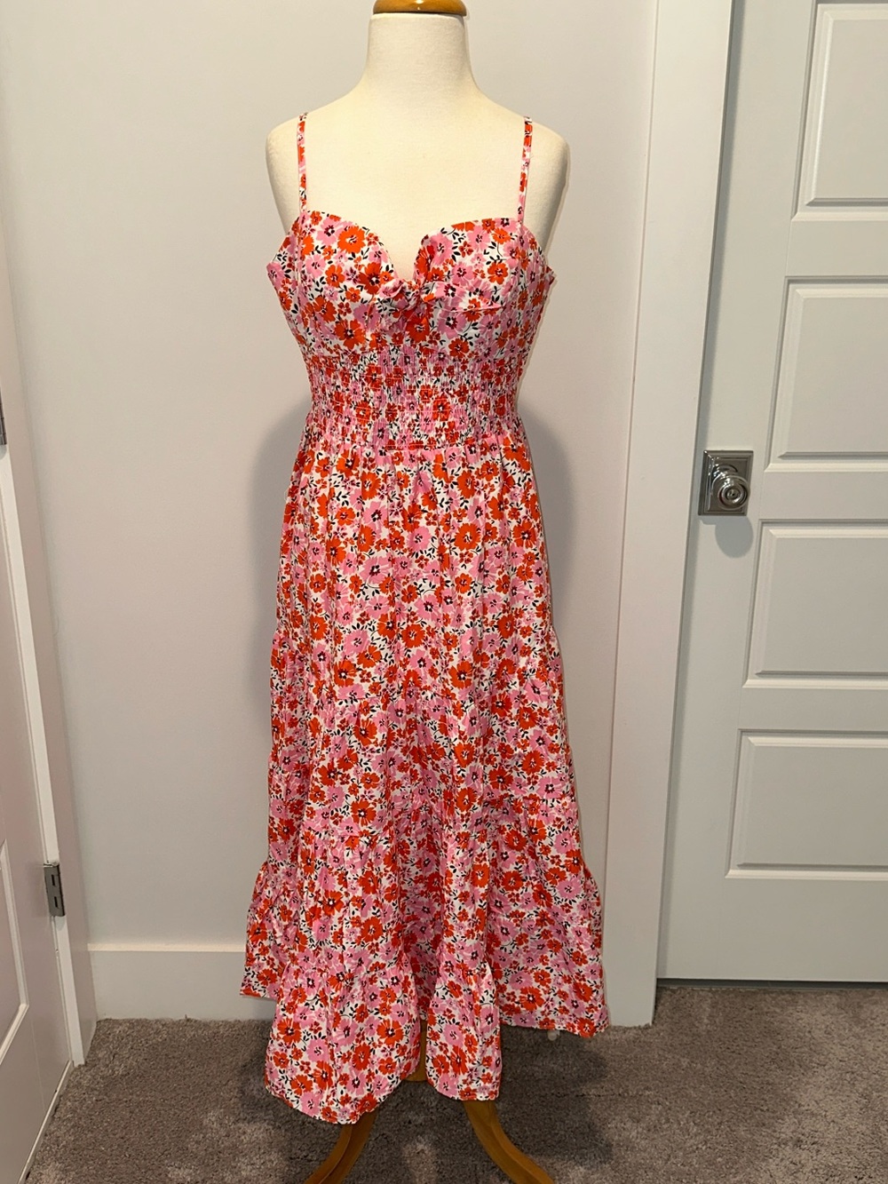 Yumi Kim Ingrid Smocked Tiered Floral Midi Dress Pink Red Cotton Size XL